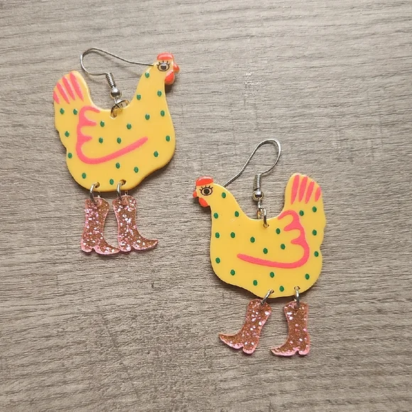 Pigness & Company Yellow Chicken Earrings with Pink Glitter Boots - Picture 1 of 1